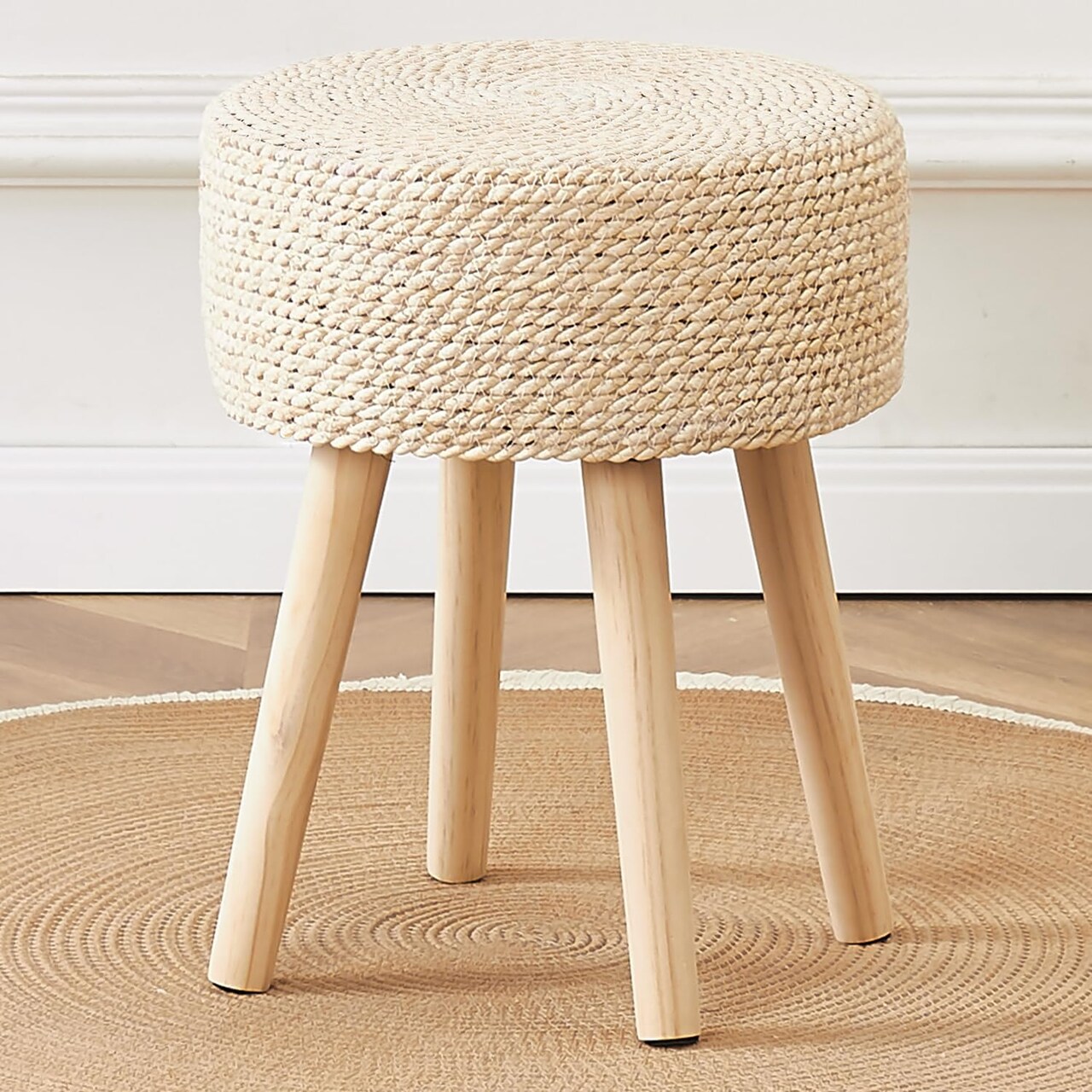 Foot Stool Pouf Ottomans with Solid Wood Legs Hand Weave Footrest Step Stool (13"D x 13"W x 16.3"H) (Natural)